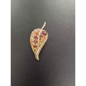 Vintage Topaz And Amber Rhinestone Leaf Botanical Brooch Pin Costume Jewelry